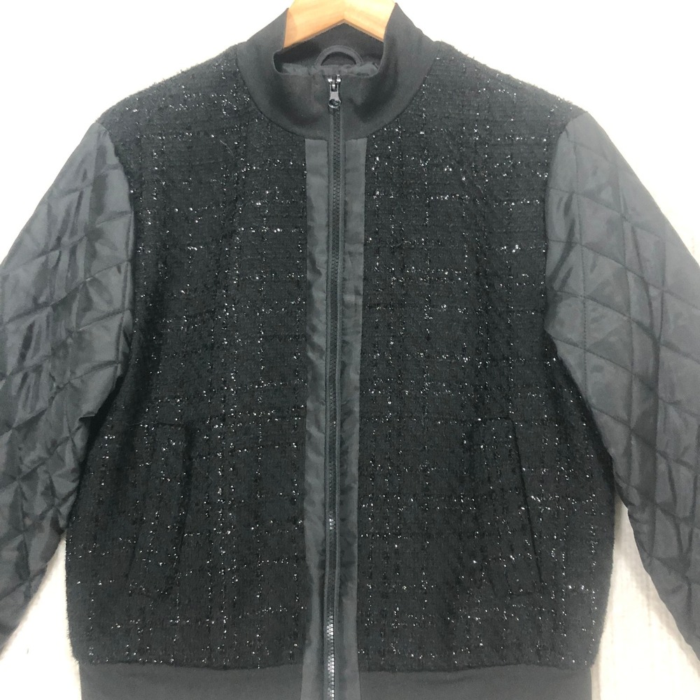 Venus Black Tweed Quilted Bomber Jacket Sparkle Embellished Zip Up Style
